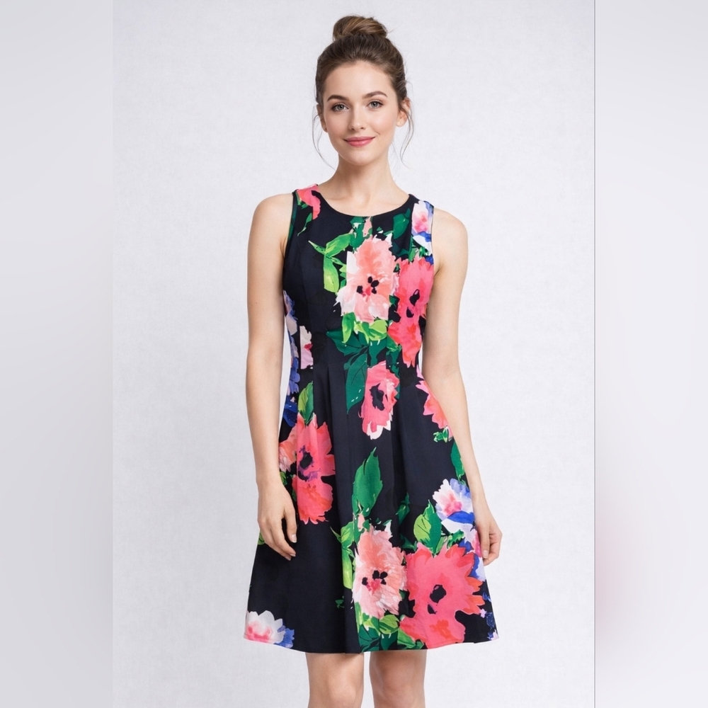 Vince Camuto  Navy Pink Floral Dress Hot Pink Lined Pleated Front Pockets Size 6